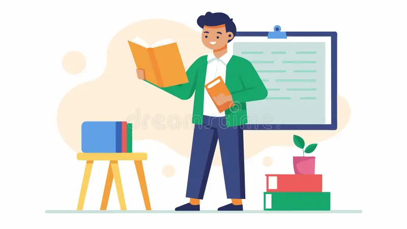 adult-learner-standing-whiteboard-proudly-showing-off-their-newly-acquired-reading-skills-to-class-vector-illustration-371149232